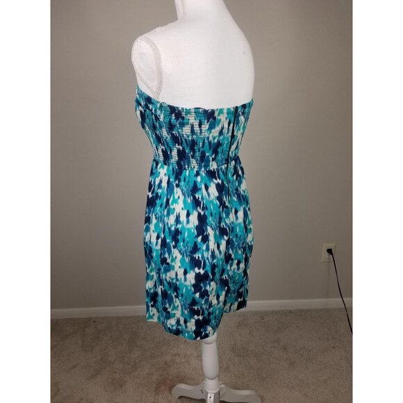 Free People Strapless Blue & Teal Abstract Print Mini Dress With Smocked Back - Picture 5 of 11